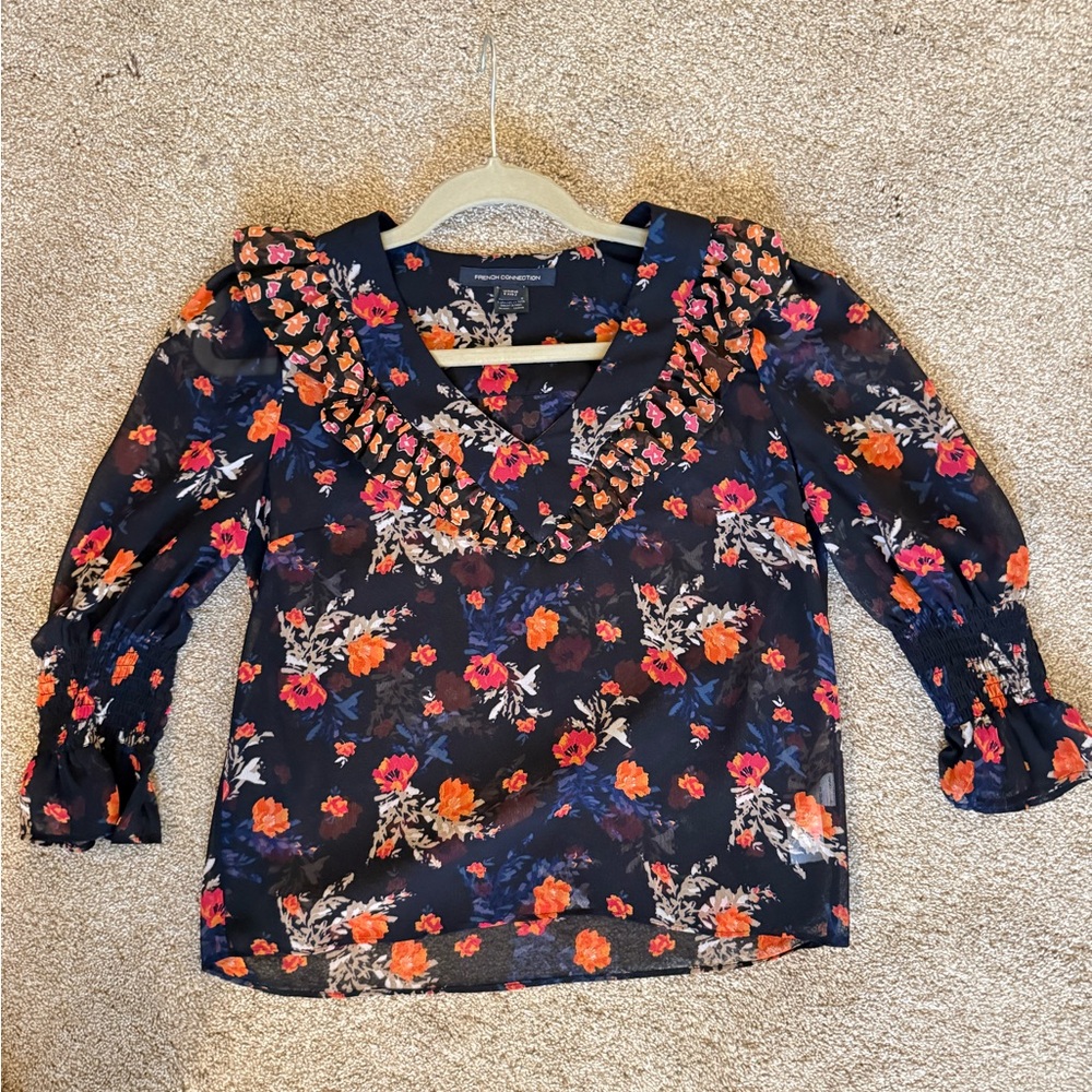 French Connection Floral Blouse in Blue and Orange